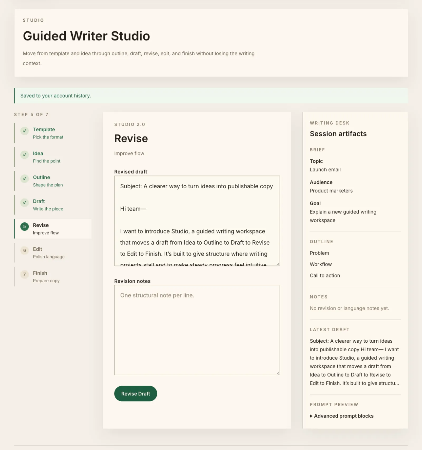 Guided Writer web Studio showing a validated synthetic launch-email brief, completed draft, and populated latest-draft state.
