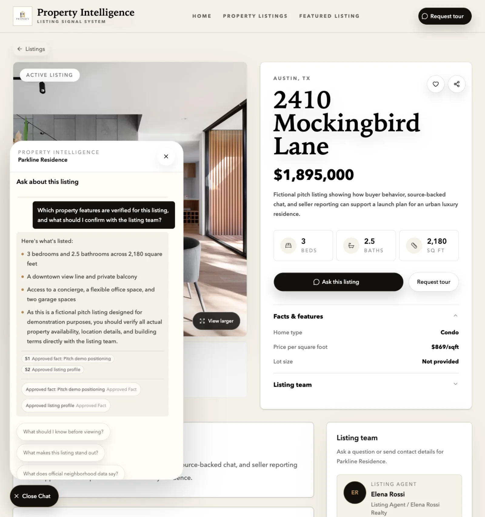 Property Intelligence workspace with verified listing facts and a bounded buyer answer.