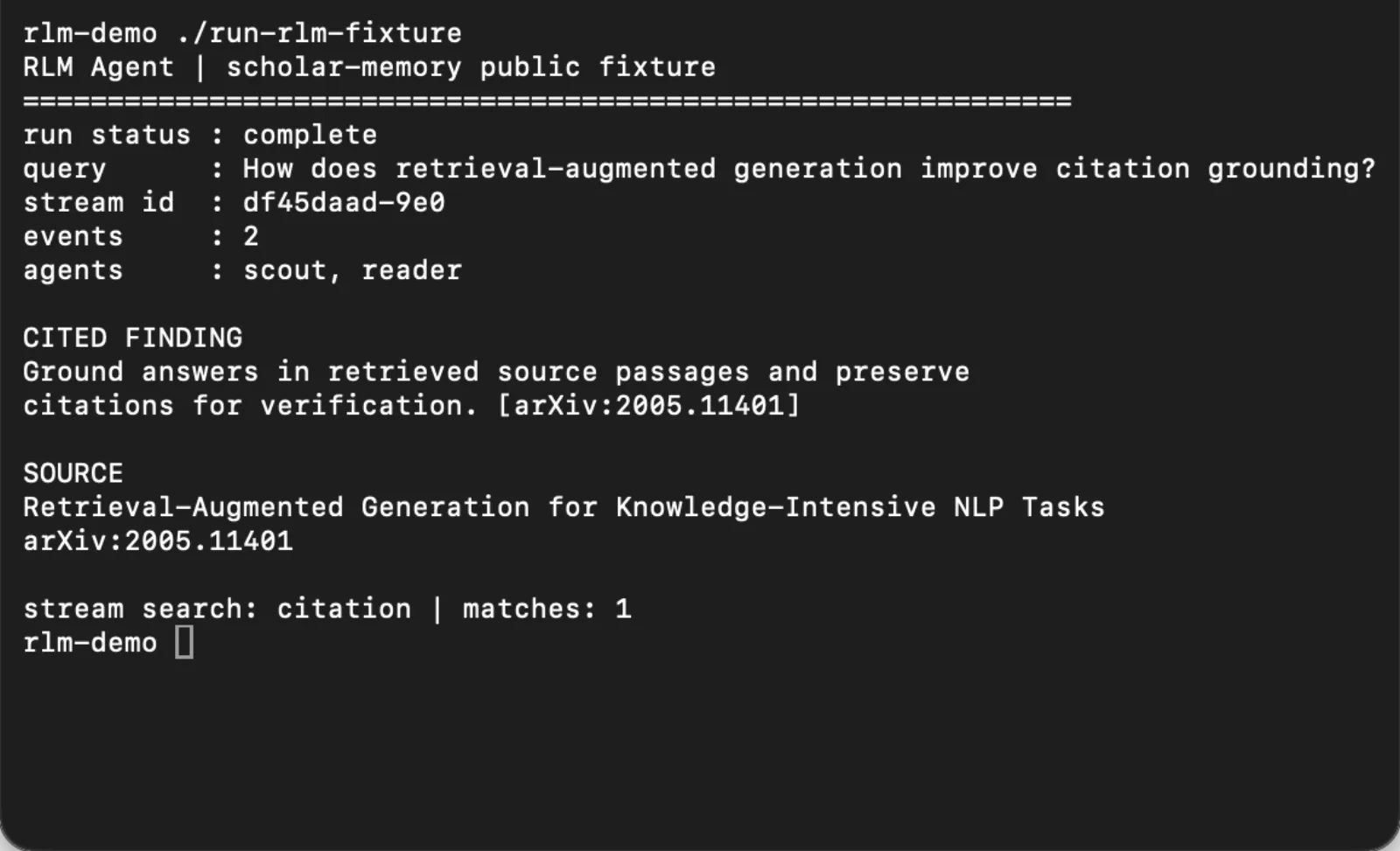 RLM Agent public research fixture running in Terminal with cited findings and stream metadata.