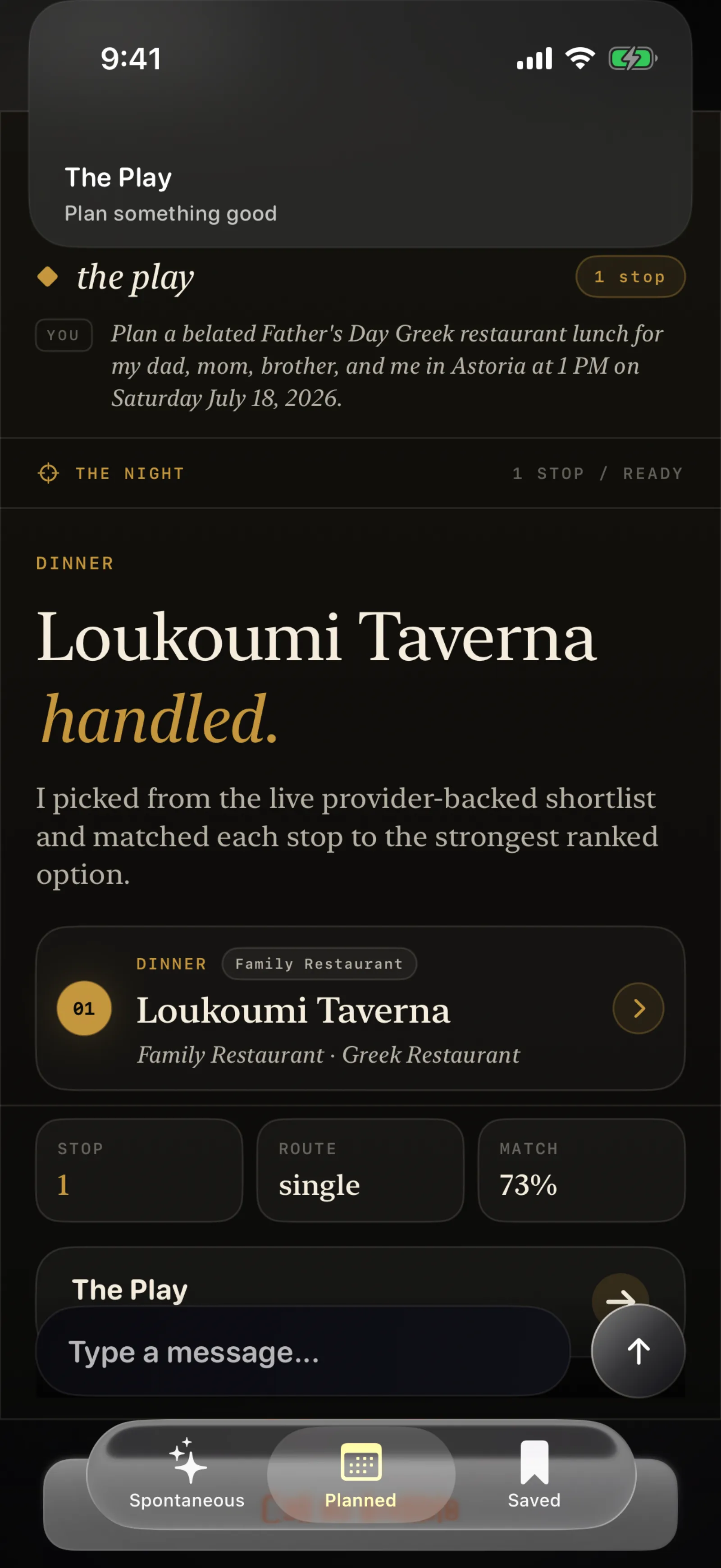 The Play iPhone results screen showing ranked venue recommendations.